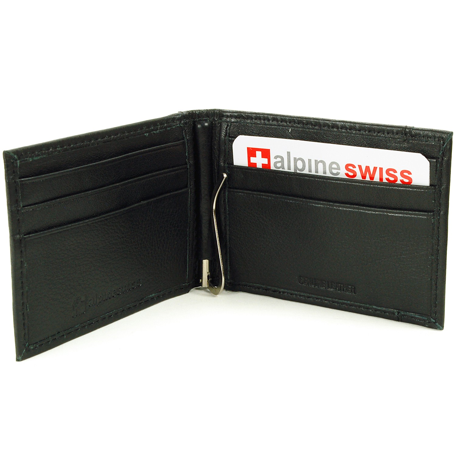 Alpine Swiss Mens Bifold Money Clip Spring Loaded Leather ID Front